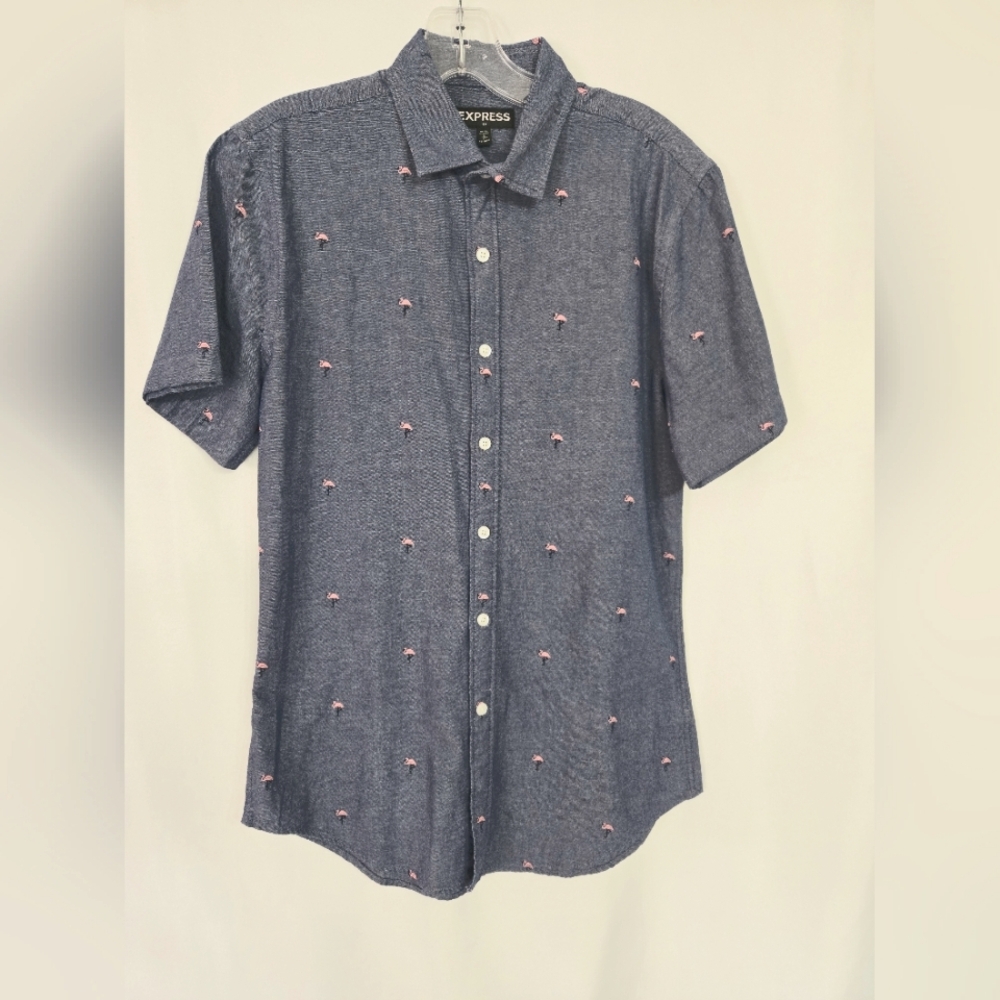 Express Blue Button Down Pink Flamingos Short Sleeves Size S